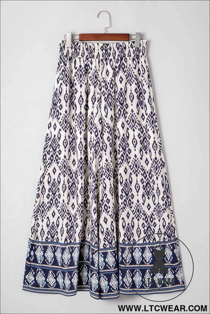Blue Ethnic Print High Waist Wide Leg Loose Pants