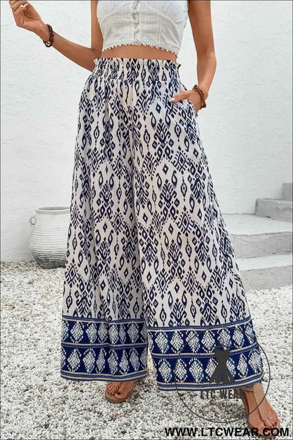 Blue Ethnic Print High Waist Wide Leg Loose Pants