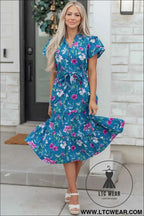 Blue Floral Flutter Sleeve Button Tie Split Neck Belted Long Dress