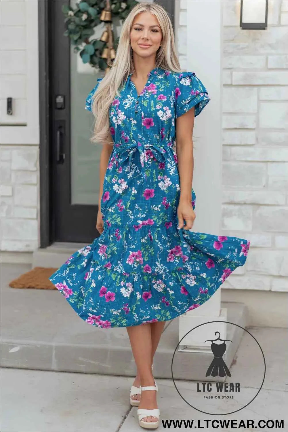 Blue Floral Flutter Sleeve Button Tie Split Neck Belted Long Dress