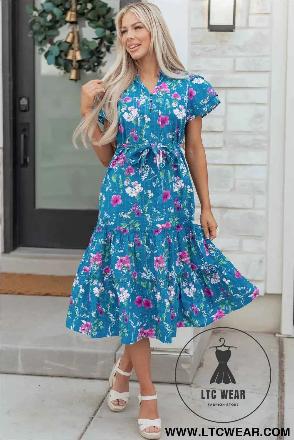Blue Floral Flutter Sleeve Button Tie Split Neck Belted Long Dress