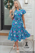 Blue Floral Flutter Sleeve Button Tie Split Neck Belted Long Dress