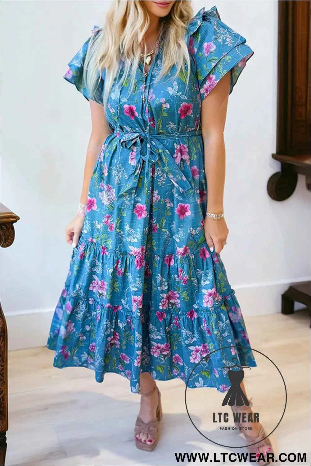 Blue Floral Flutter Sleeve Button Tie Split Neck Belted Long Dress
