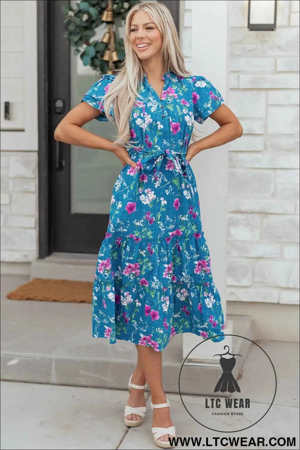 Blue Floral Flutter Sleeve Button Tie Split Neck Belted Long Dress