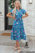 Blue Floral Flutter Sleeve Button Tie Split Neck Belted Long Dress