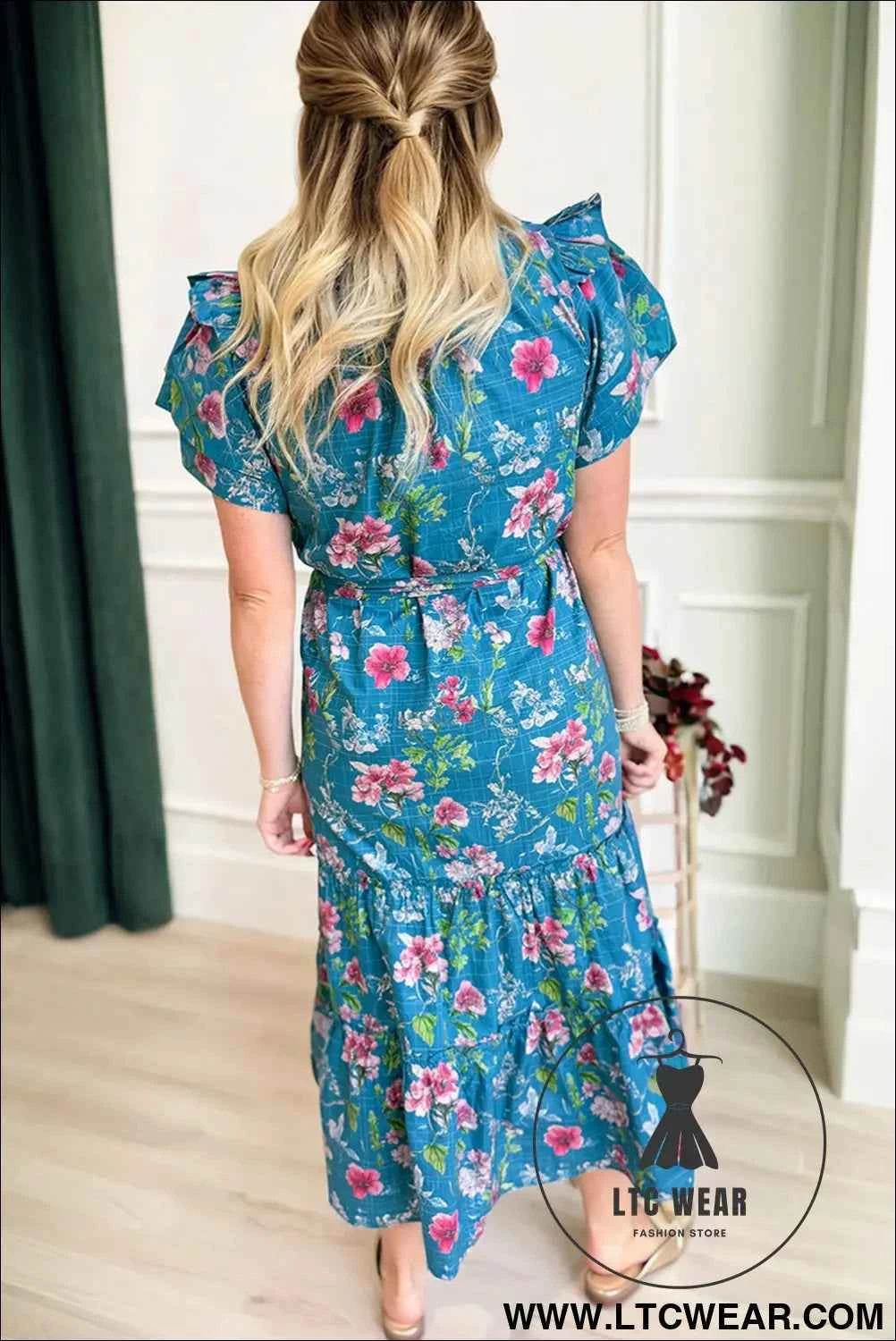 Blue Floral Flutter Sleeve Button Tie Split Neck Belted Long Dress