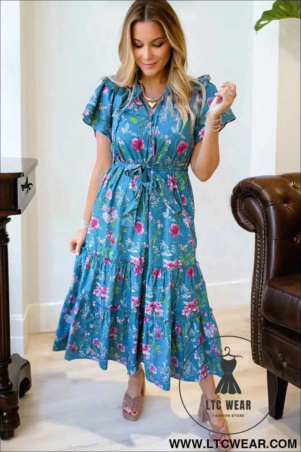 Blue Floral Flutter Sleeve Button Tie Split Neck Belted Long Dress
