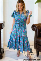 Blue Floral Flutter Sleeve Button Tie Split Neck Belted Long Dress