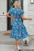 Blue Floral Flutter Sleeve Button Tie Split Neck Belted Long Dress