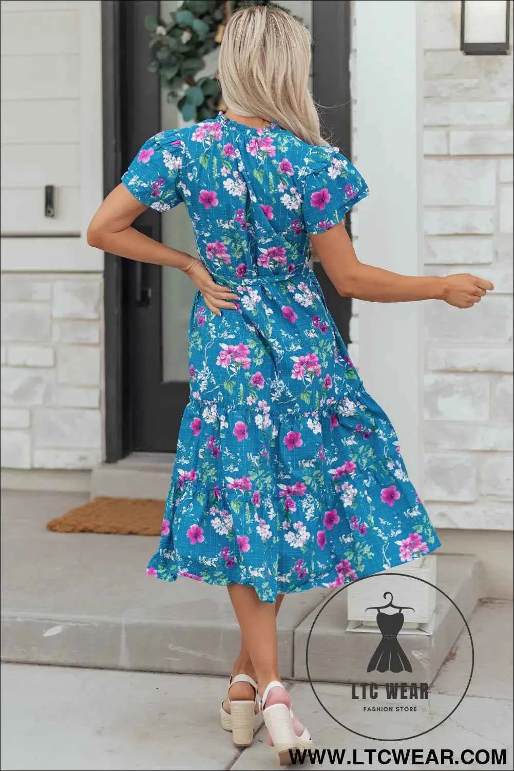Blue Floral Flutter Sleeve Button Tie Split Neck Belted Long Dress