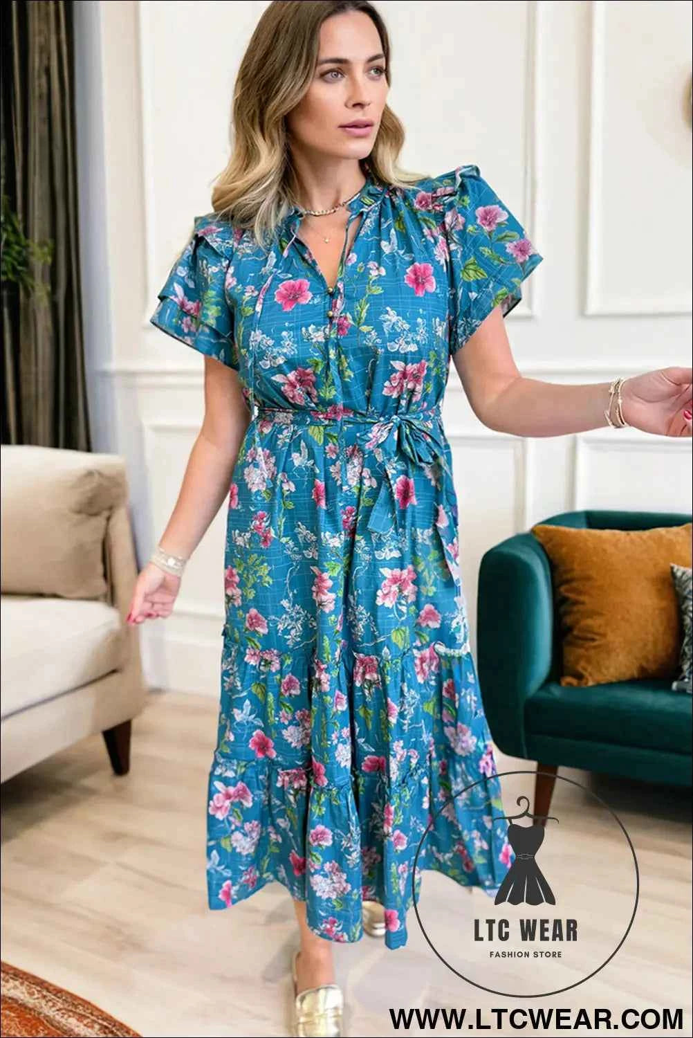Blue Floral Flutter Sleeve Button Tie Split Neck Belted Long Dress