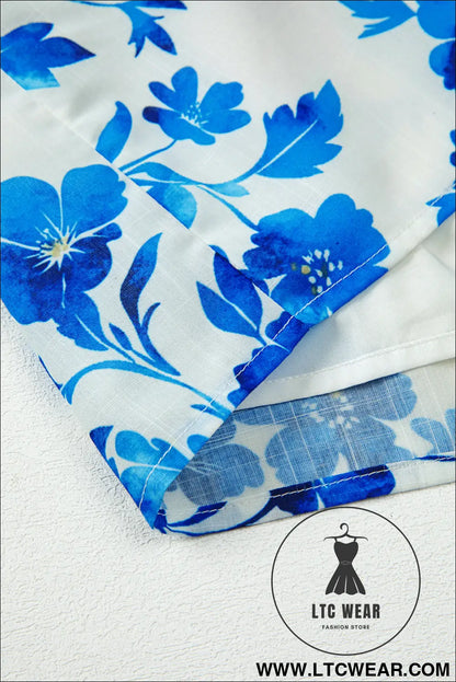 Blue Floral Long Sleeve Lace-up V Neck Blouse - L.T.C Wear Online Fashion Store