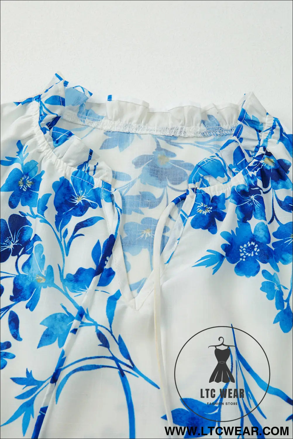 Blue Floral Long Sleeve Lace-up V Neck Blouse - L.T.C Wear Online Fashion Store