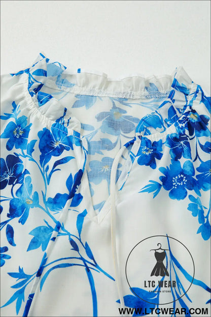 Blue Floral Long Sleeve Lace-up V Neck Blouse - L.T.C Wear Online Fashion Store