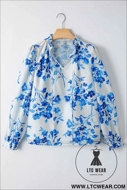 Blue Floral Long Sleeve Lace-up V Neck Blouse