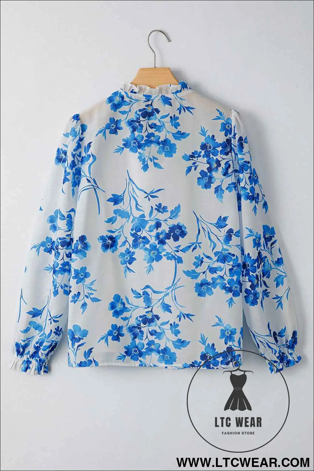 Blue Floral Long Sleeve Lace-up V Neck Blouse