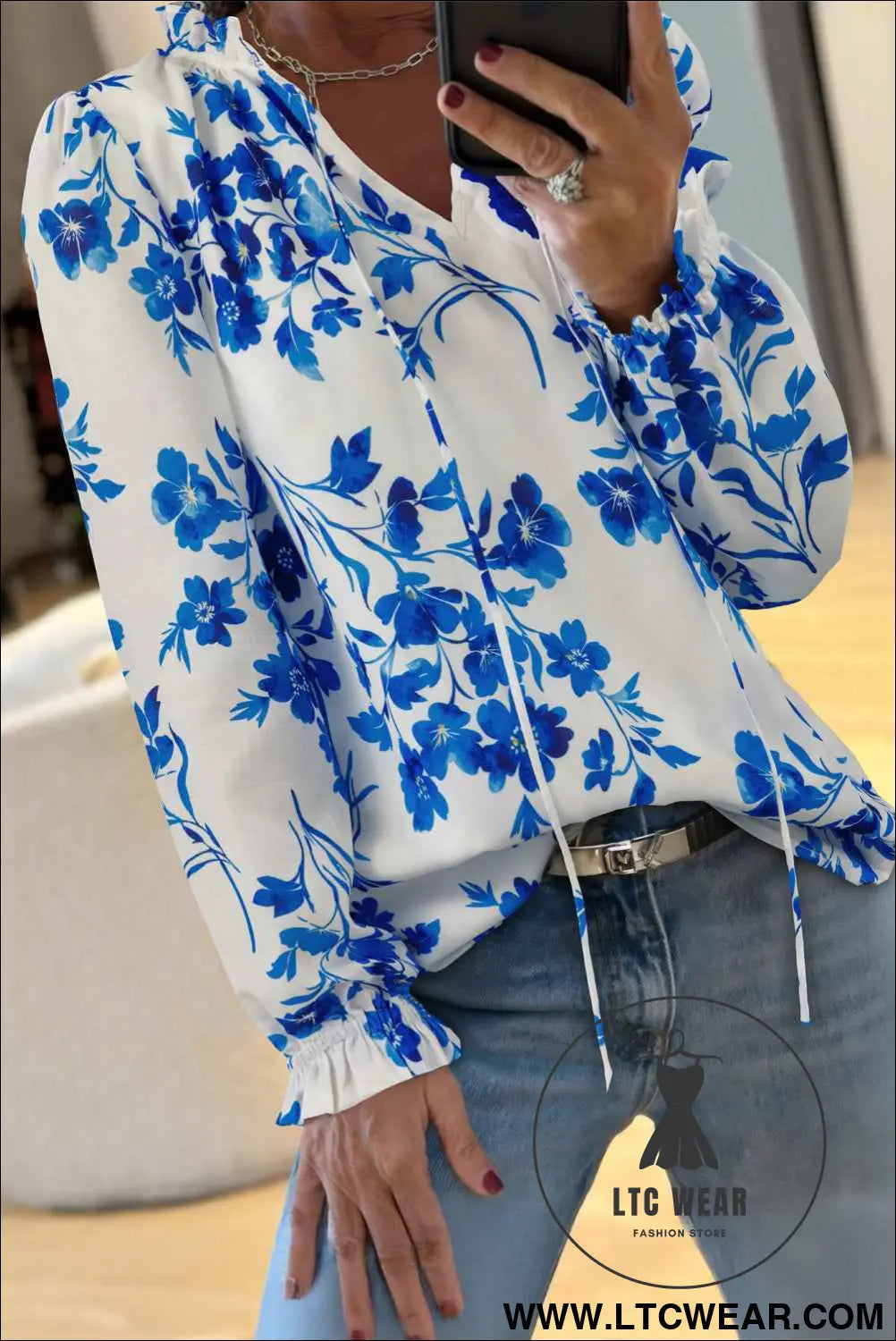 Blue Floral Long Sleeve Lace-up V Neck Blouse