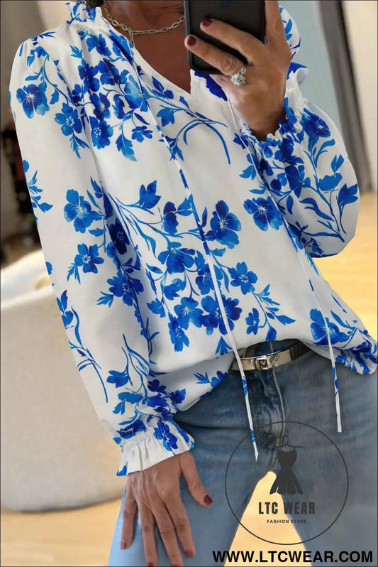 Blue Floral Long Sleeve Lace-up V Neck Blouse