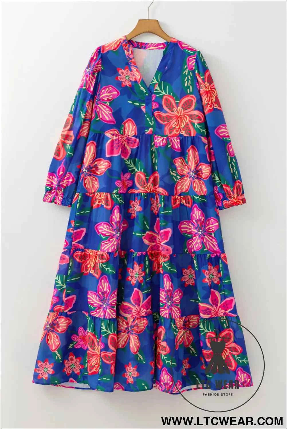 Blue Floral Print 3/4 Sleeve V Neck Tiered Long Dress