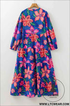 Blue Floral Print 3/4 Sleeve V Neck Tiered Long Dress