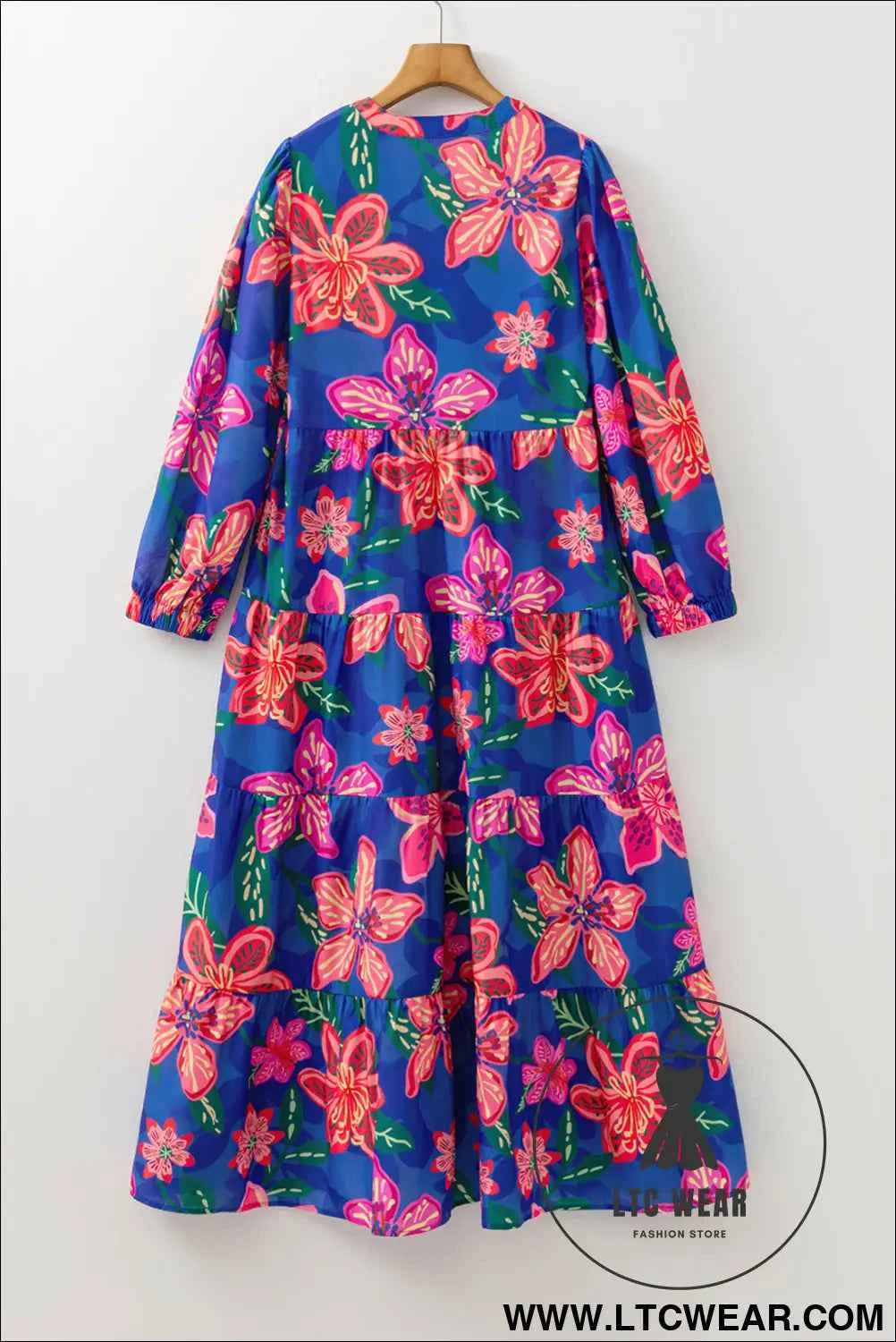 Blue Floral Print 3/4 Sleeve V Neck Tiered Long Dress