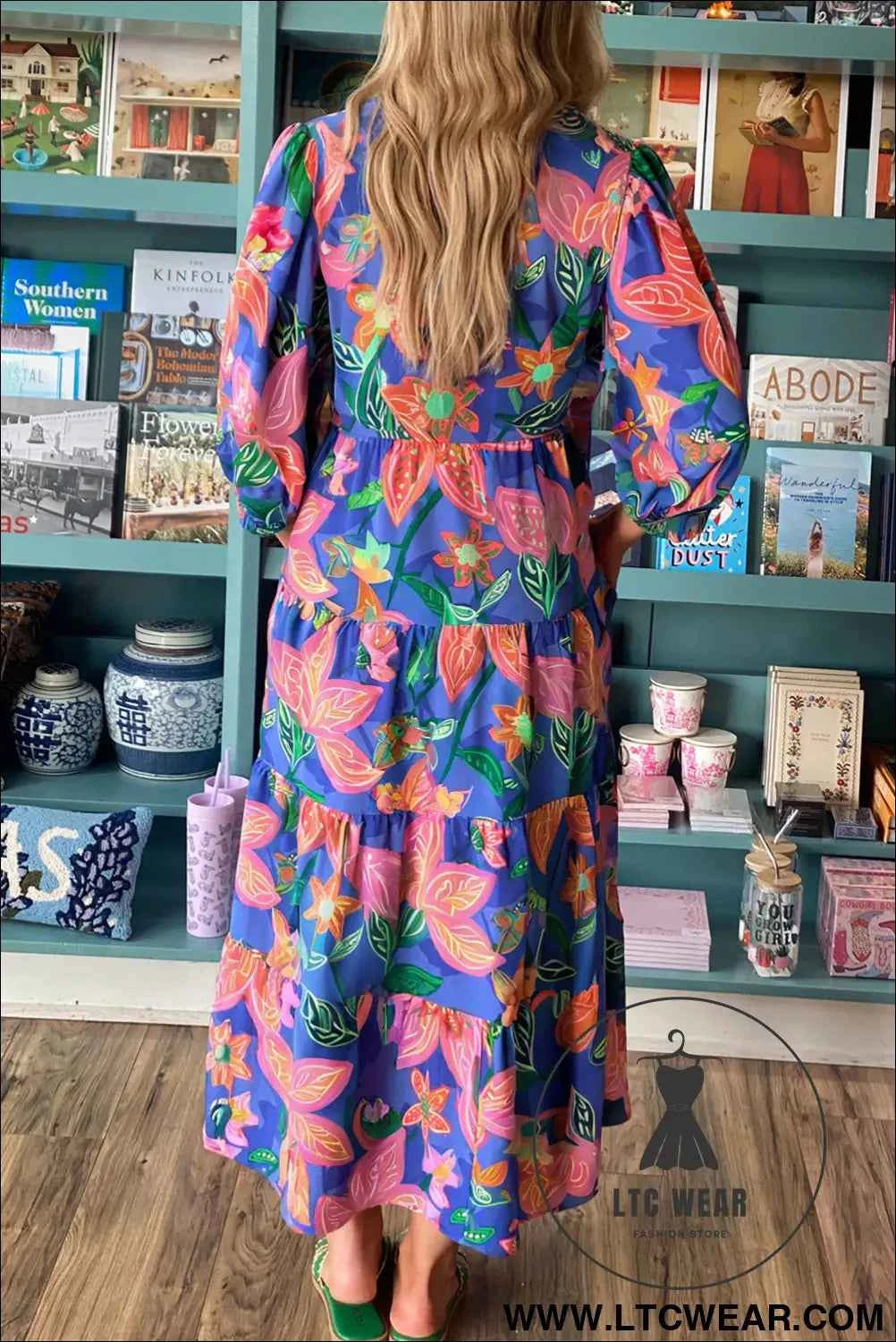 Blue Floral Print 3/4 Sleeve V Neck Tiered Long Dress