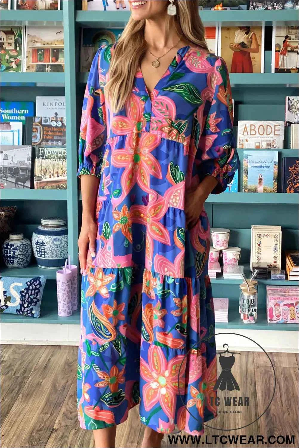 Blue Floral Print 3/4 Sleeve V Neck Tiered Long Dress
