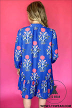 Blue Floral 3/4 Puff Sleeve Button Front Dress
