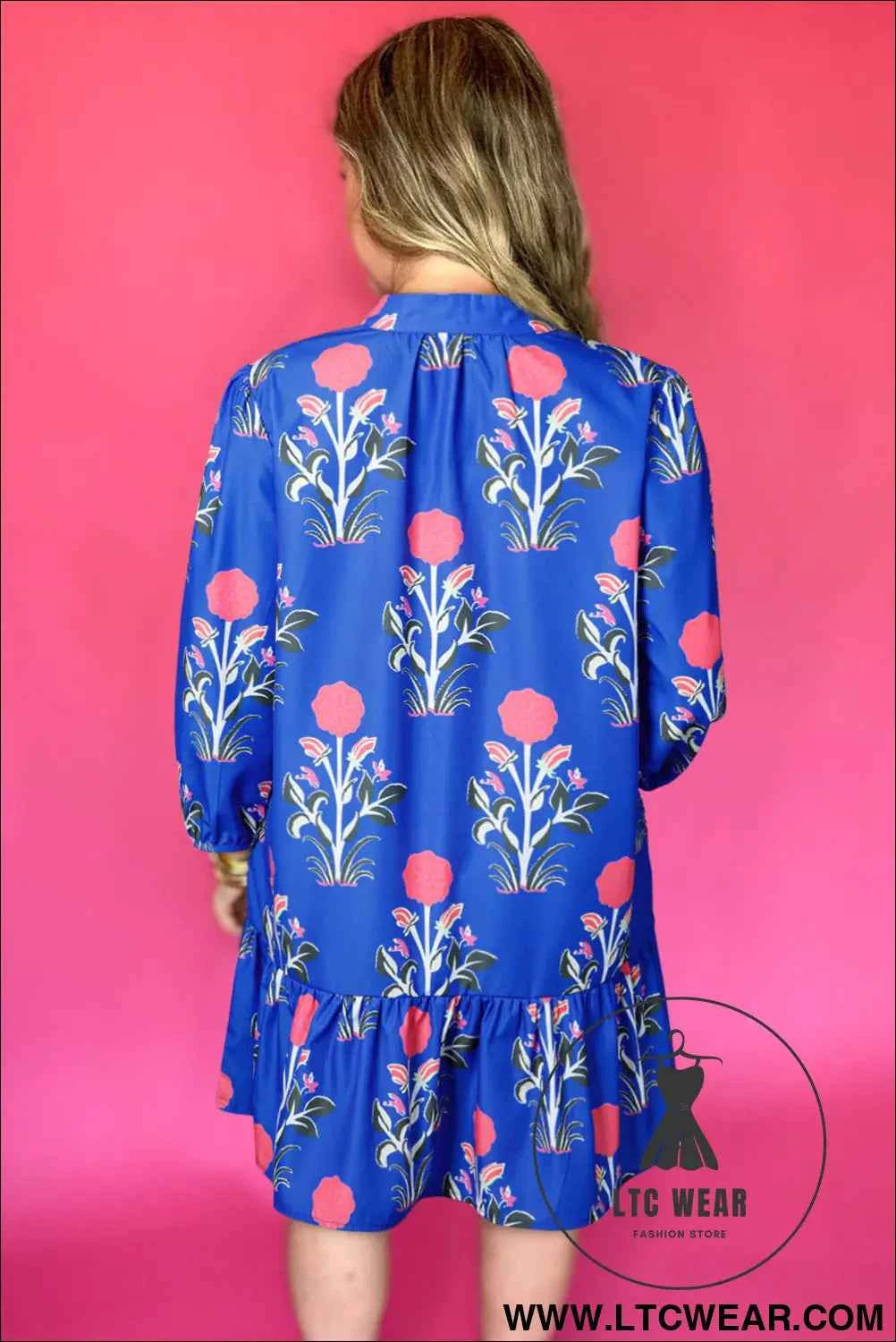 Blue Floral 3/4 Puff Sleeve Button Front Dress