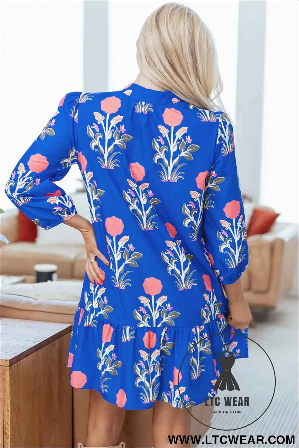 Blue Floral 3/4 Puff Sleeve Button Front Dress