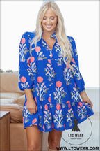 Blue Floral 3/4 Puff Sleeve Button Front Dress