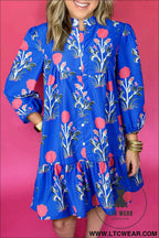 Blue Floral 3/4 Puff Sleeve Button Front Dress