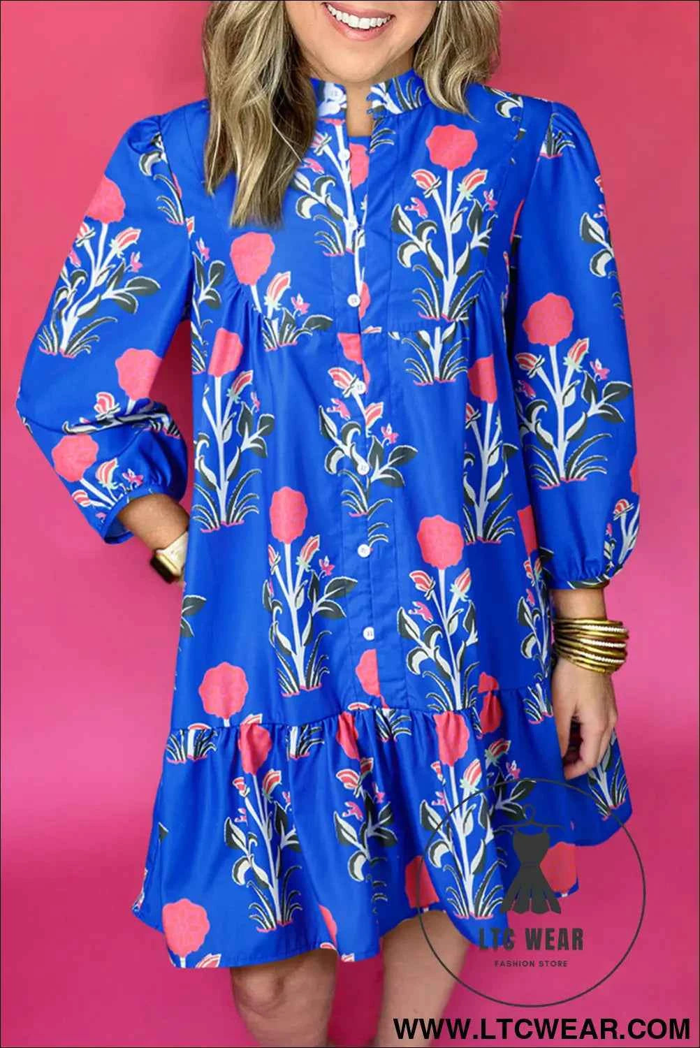 Blue Floral 3/4 Puff Sleeve Button Front Dress