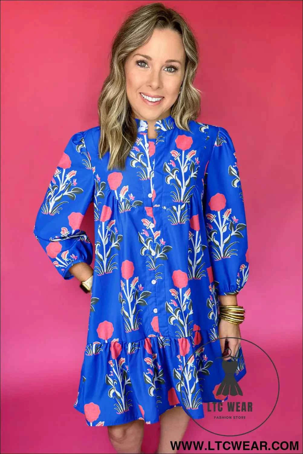 Blue Floral 3/4 Puff Sleeve Button Front Dress