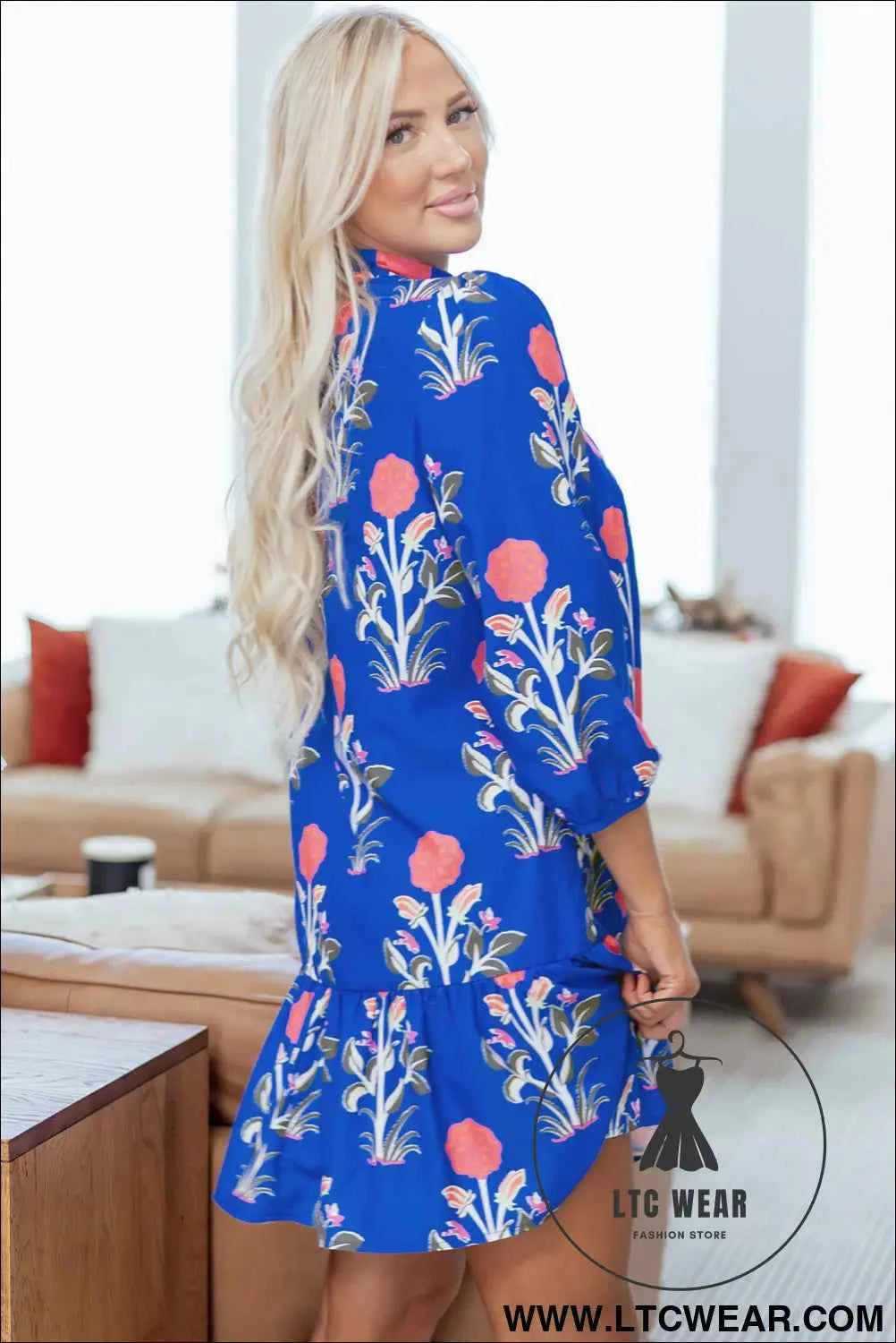 Blue Floral 3/4 Puff Sleeve Button Front Dress