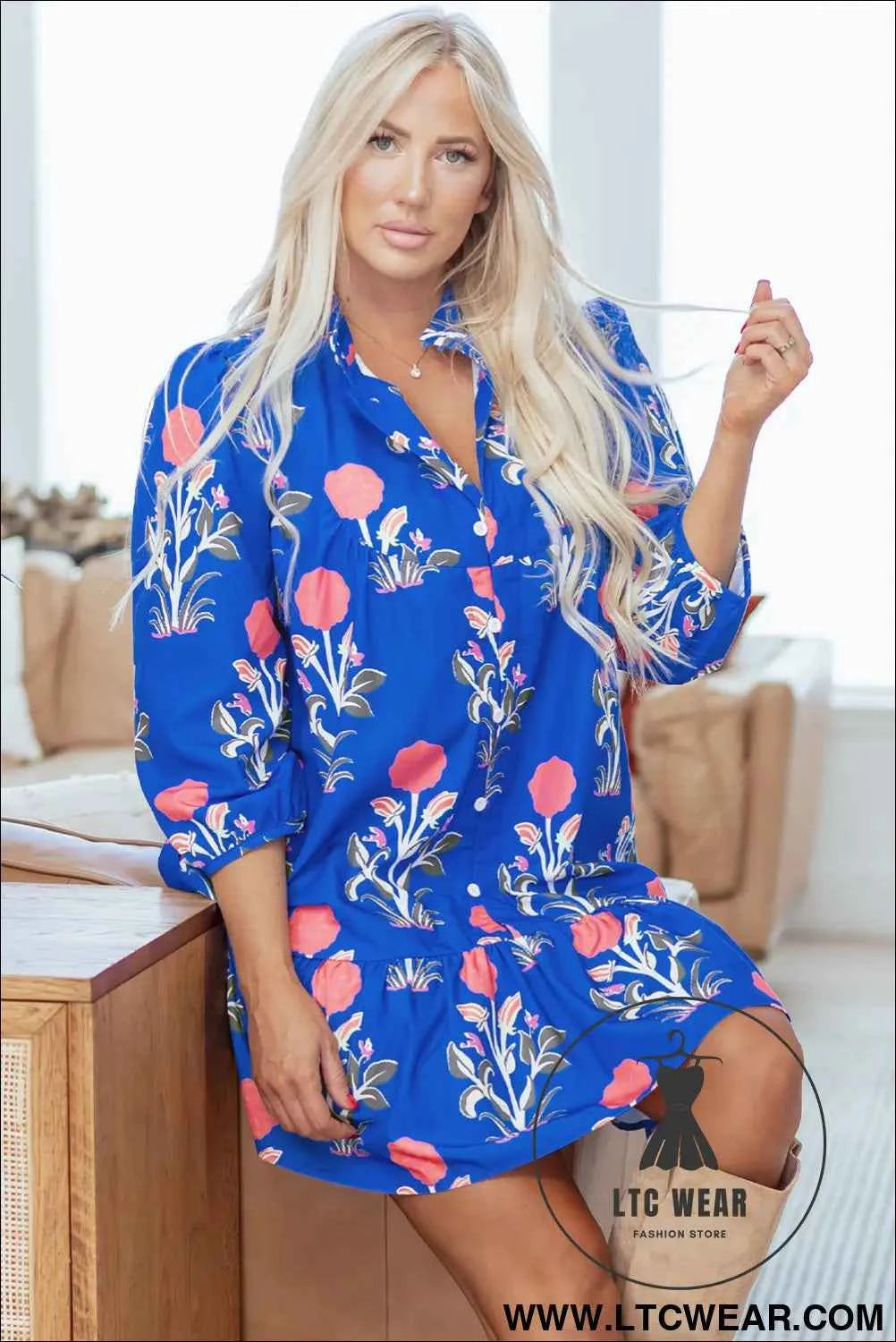 Blue Floral 3/4 Puff Sleeve Button Front Dress