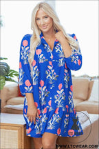 Blue Floral 3/4 Puff Sleeve Button Front Dress