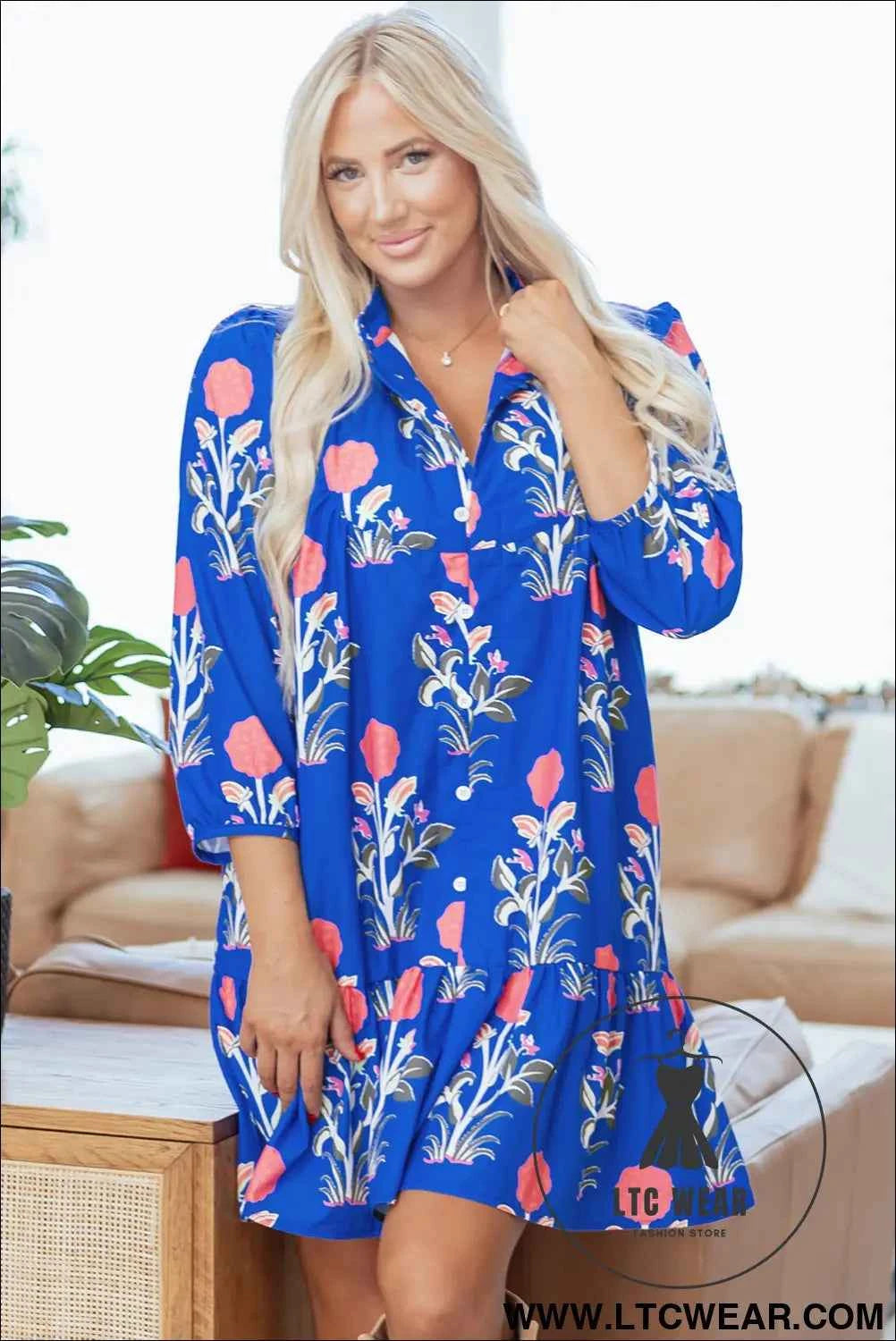 Blue Floral 3/4 Puff Sleeve Button Front Dress