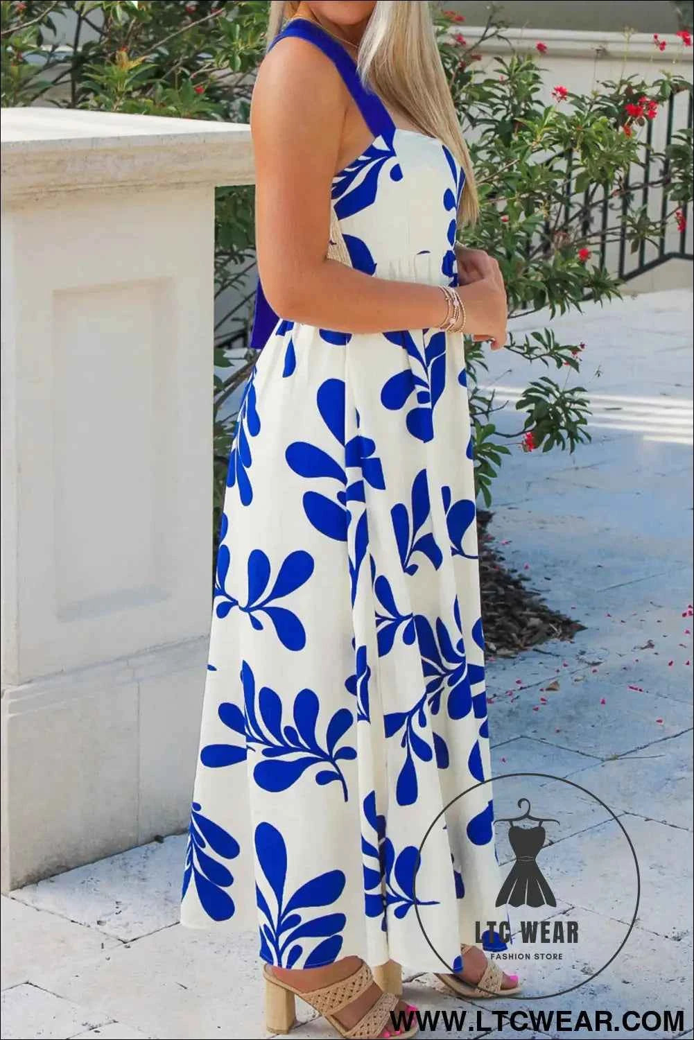 Blue Floral Print Crisscross Tie Back Sleeveless Long Dress