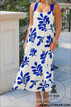 Blue Floral Print Crisscross Tie Back Sleeveless Long Dress