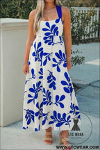 Blue Floral Print Crisscross Tie Back Sleeveless Long Dress