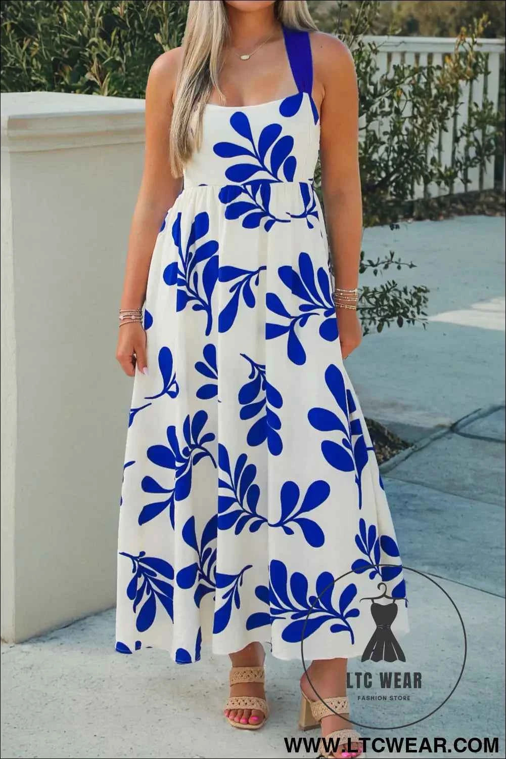 Blue Floral Print Crisscross Tie Back Sleeveless Long Dress