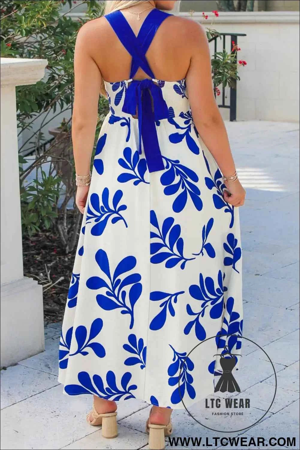 Blue Floral Print Crisscross Tie Back Sleeveless Long Dress