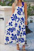 Blue Floral Print Crisscross Tie Back Sleeveless Long Dress