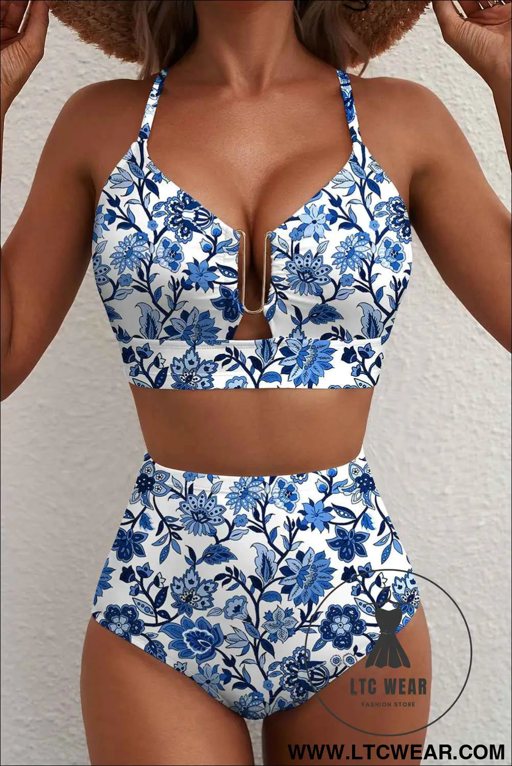 Blue Floral Print Hardware Accent Notched Neck High Waist Bikini Set