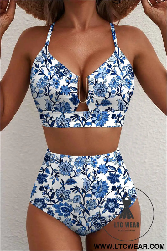 Blue Floral Print Hardware Accent Notched Neck High Waist Bikini Set