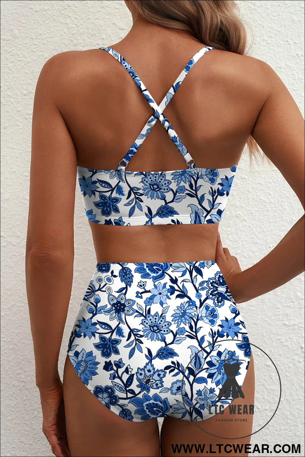 Blue Floral Print Hardware Accent Notched Neck High Waist Bikini Set - L.T.C Wear Online Fashion Store