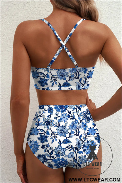 Blue Floral Print Hardware Accent Notched Neck High Waist Bikini Set - L.T.C Wear Online Fashion Store