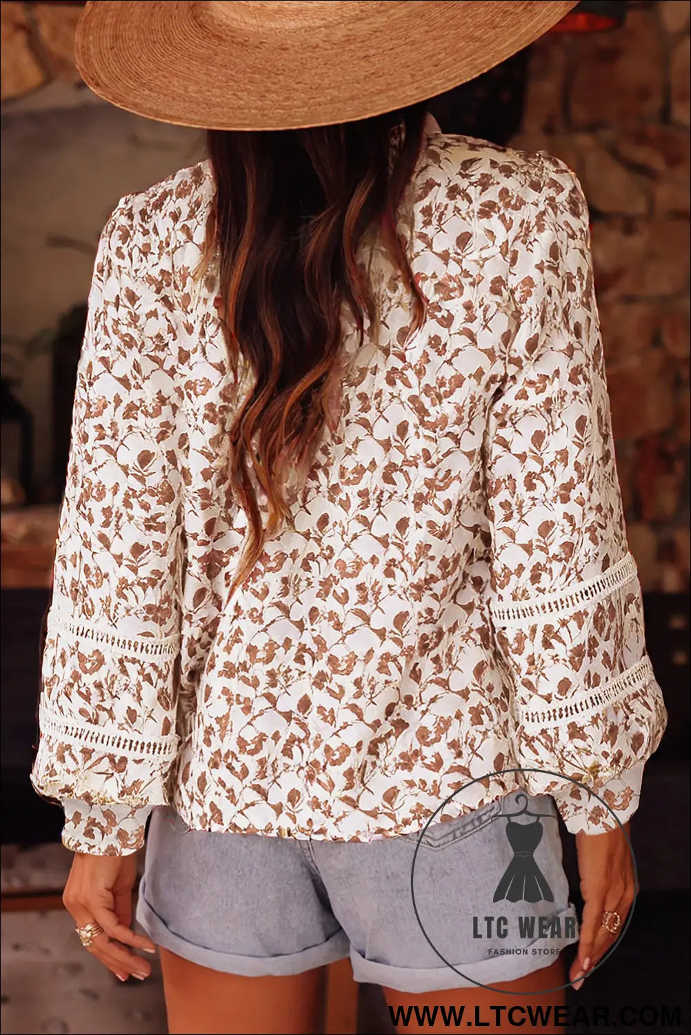 Blue Floral Print Lace Detail Puff Sleeve Shirt - L.T.C Wear Online Fashion Store