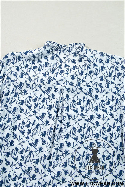 Blue Floral Print Lace Detail Puff Sleeve Shirt - L.T.C Wear Online Fashion Store